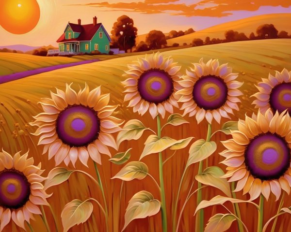 Vibrant sunset over golden field with sunflowers