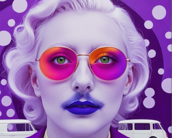 Vibrant figure with bold makeup and polka dot background