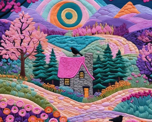 Embroidered Landscape with Cottage and Rainbow Elements
