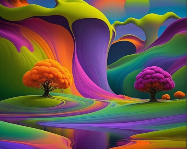 Vibrant Landscape with Stylized Trees and Reflective River