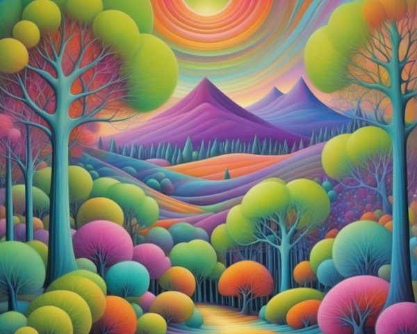 Surreal Landscape with Colorful Trees and Hills