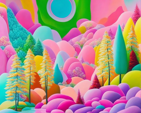 Vibrant Landscape with Colorful Hills and Trees