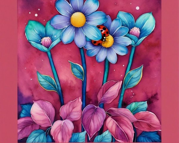 Vibrant Illustration of Flowers and Ladybug on Pink Background
