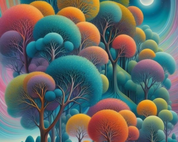 Surreal Landscape with Colorful Stylized Trees