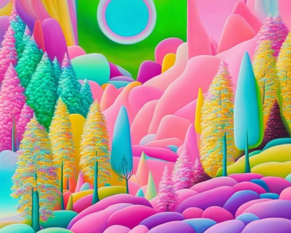 Vibrant Dreamlike Landscape with Colorful Mountains