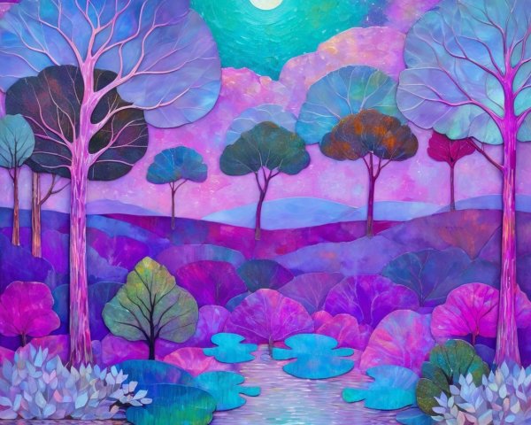 Vibrant Dreamlike Landscape with Serene Water Body