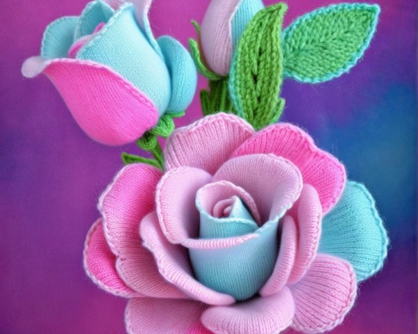 Knitted Roses in Pink and Blue with Green Leaves