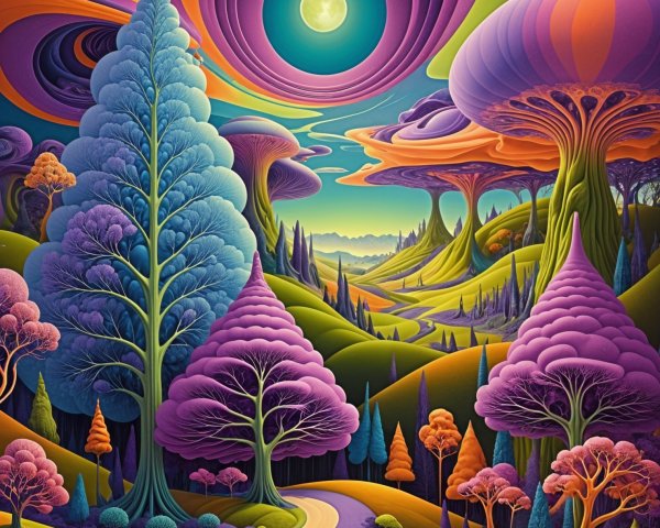 Surreal Landscape with Colorful Trees and Luminous Clouds