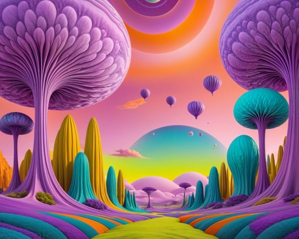 Surreal Landscape with Colorful Trees and Balloons