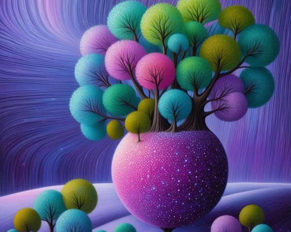 Whimsical Landscape with Colorful Trees and Space Hues