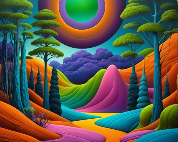 Surreal Landscape with Colorful Hills and Cosmic Orb