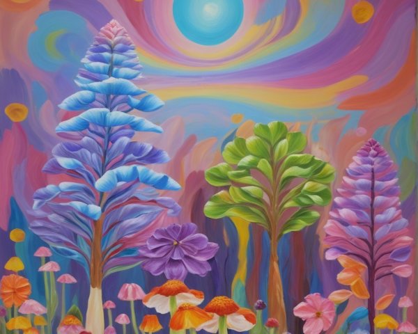 Whimsical Landscape with Colorful Trees and Flowers