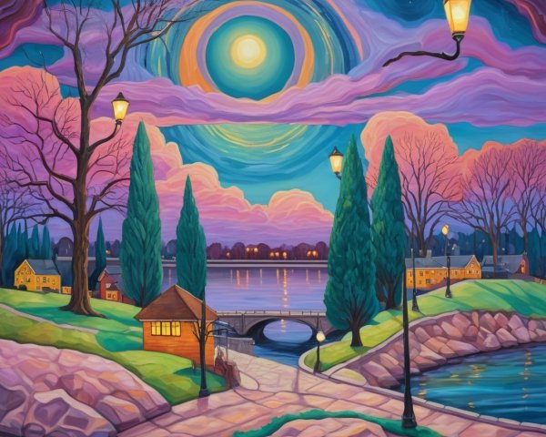 Surreal Landscape with Moonlit Lake and Cottages
