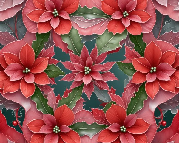 Poinsettia Flower Pattern in Red and Green on Teal