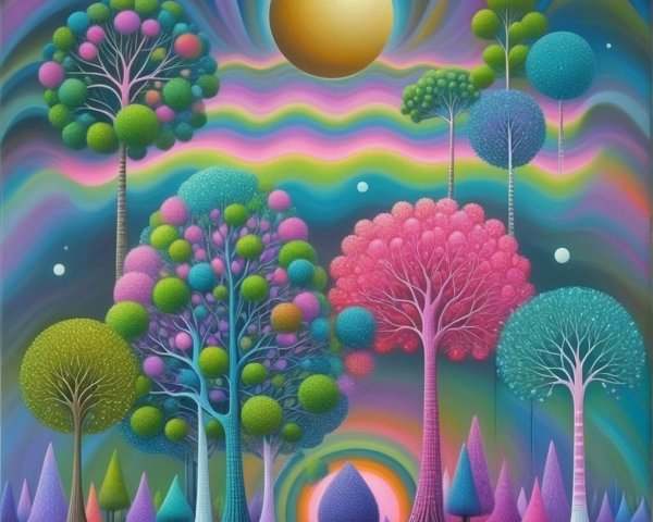 Surreal Landscape with Colorful Trees and Sun