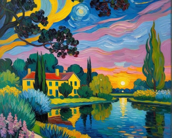 Vibrant Landscape Painting of Sunset by a River