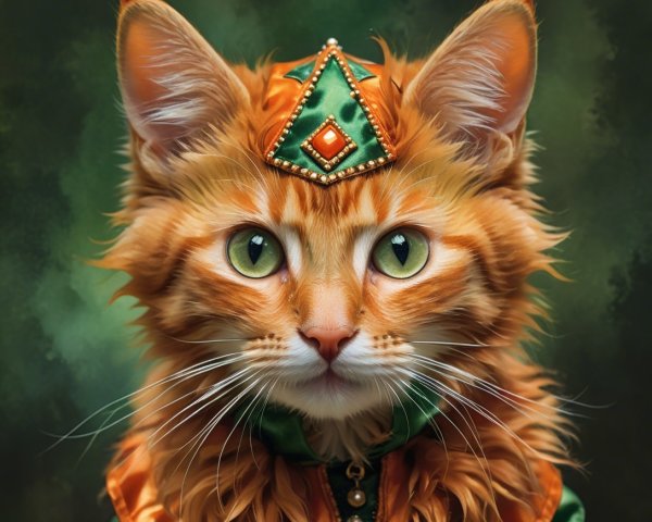 Regal Cat with Orange Coat and Decorative Crown