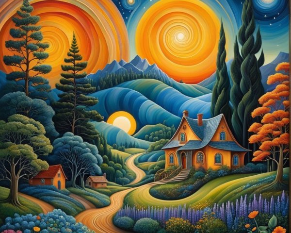 Vibrant Landscape with Cottage and Colorful Suns