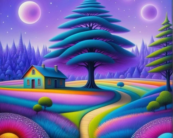 Surreal landscape with whimsical house and colorful fields