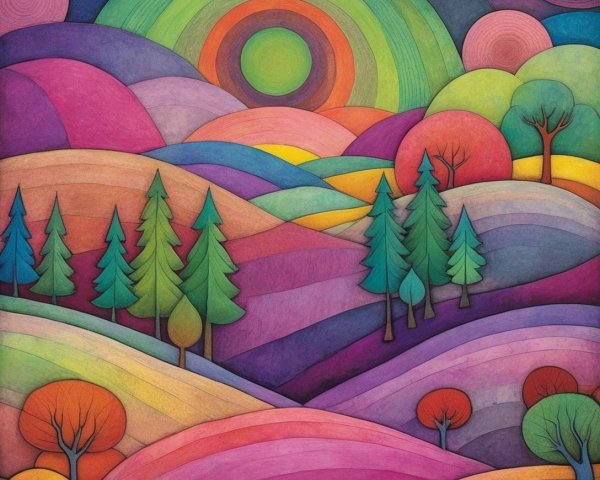 Vibrant Landscape with Colorful Hills and Trees