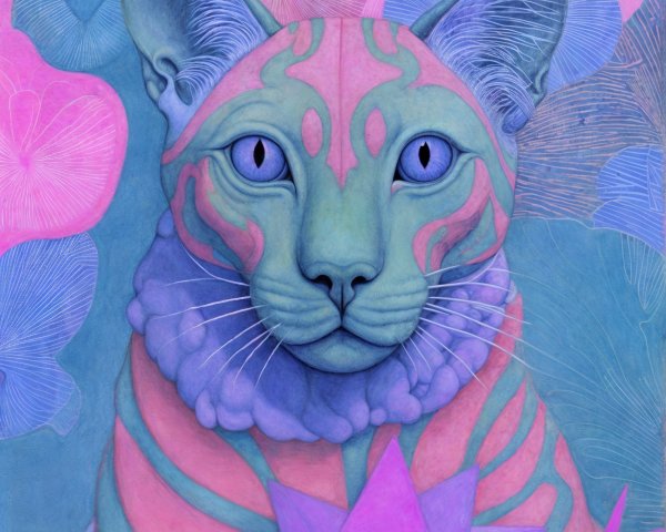 Stylized Cat Artwork with Blue and Pink Colors