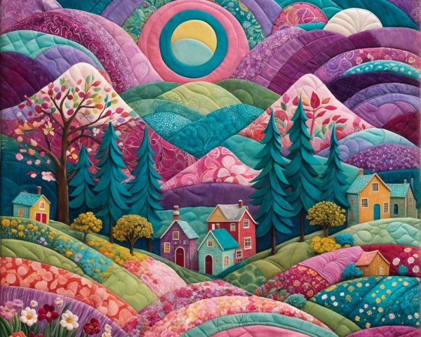 Vibrant Quilt Artwork of Hills, Flowers, and Mountains