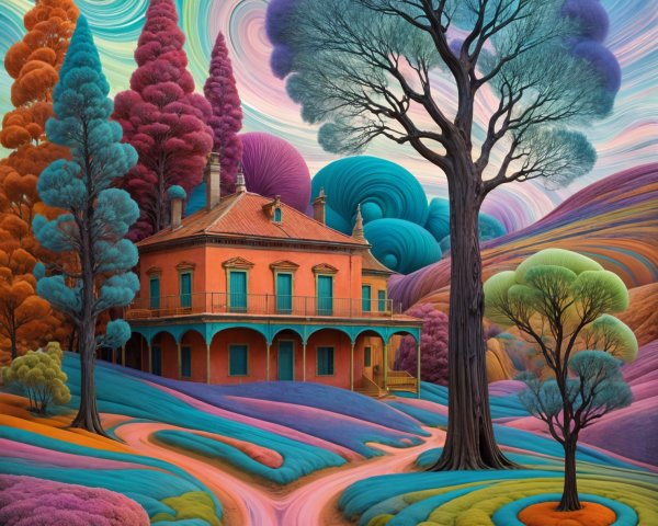 Surreal Landscape with Orange House and Colorful Foliage