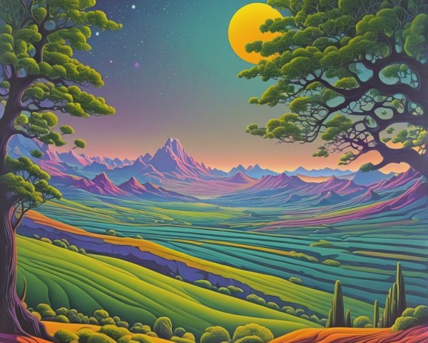Vibrant Landscape Painting with Surreal Elements