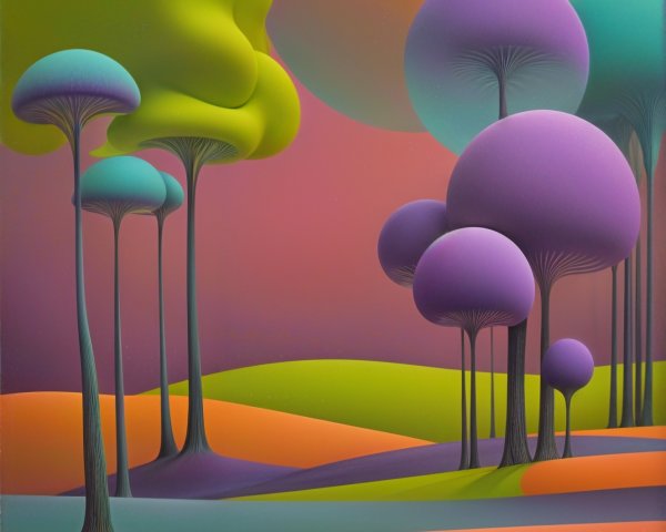 Surreal landscape with whimsical trees and colorful hills
