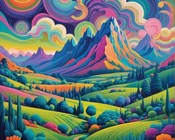 Vibrant Surreal Landscape with Colorful Hills and Sky