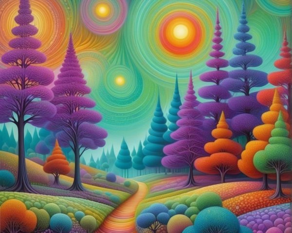 Vibrant Surreal Landscape with Stylized Trees and Cosmic Sky