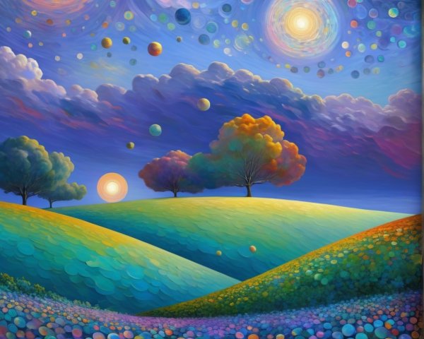 Vibrant Landscape with Colorful Hills and Celestial Sky