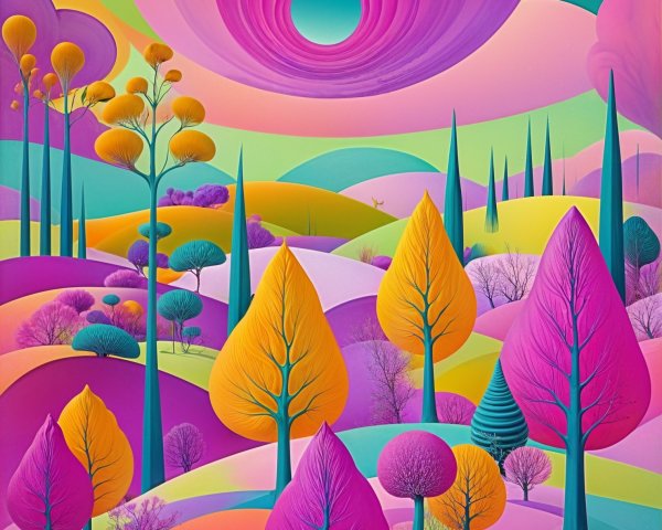 Vibrant Surreal Landscape with Colorful Trees and Sky