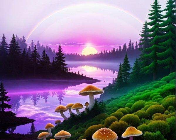 Tranquil Lake Landscape with Sunset and Rainbow