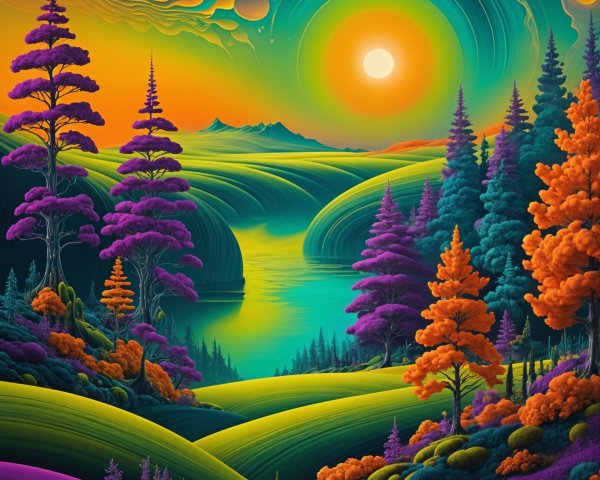 Surreal Landscape with Colorful Hills and Sky