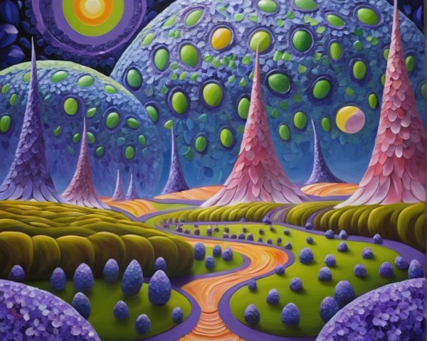 Surreal Landscape with Colorful Spires and Spheres