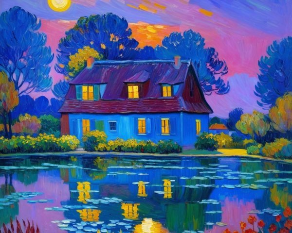 Vibrant Sunset Over Blue House and Tranquil Pond
