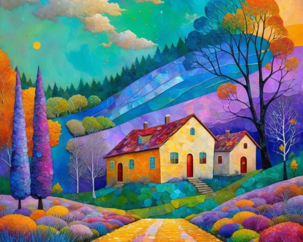 Vibrant Landscape with Colorful Houses and Hills