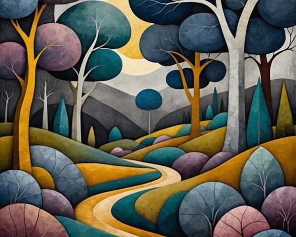 Whimsical Landscape with Colorful Trees and Moonlight