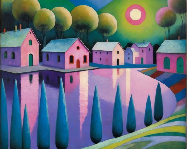 Surreal Landscape with Pastel Houses and Two Moons