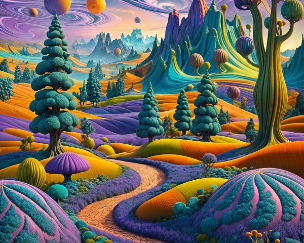 Surreal Landscape with Colorful Hills and Whimsical Trees