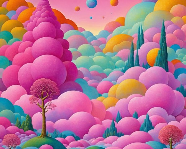Whimsical Landscape with Colorful Clouds and Trees