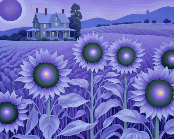 Lavender Field and Sunflowers Under a Purple Sky