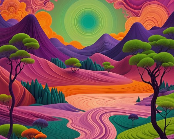 Surreal Landscape with Colorful Mountains and River