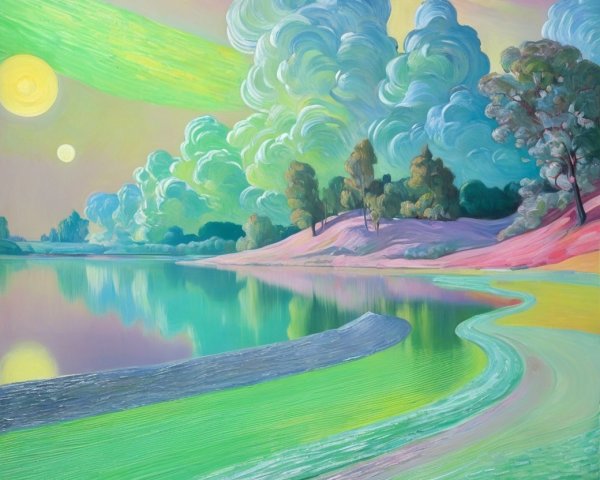 Serene Landscape with Pastel Colors and Tranquil River