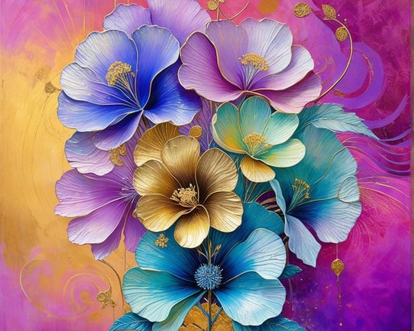 Vibrant Floral Composition with Blue, Violet, and Gold