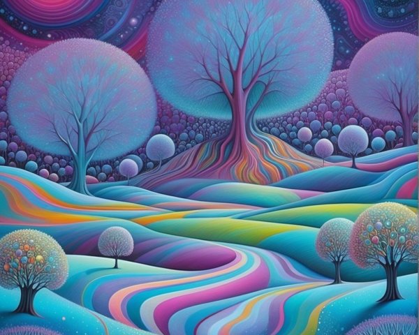 Surreal Landscape with Whimsical Trees and Cosmic Sky