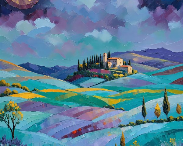Impasto Painting of a Tuscan Landscape with Estate