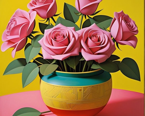 Vibrant Still Life of Pink Roses in Colorful Vase