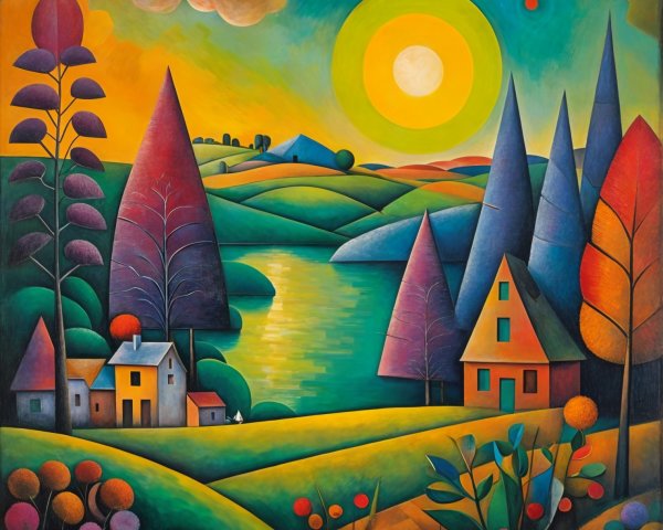 Vibrant Landscape with Lake and Rolling Hills
